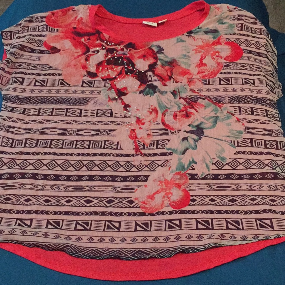 Cato Floral/Aztec Pattern Coral Top